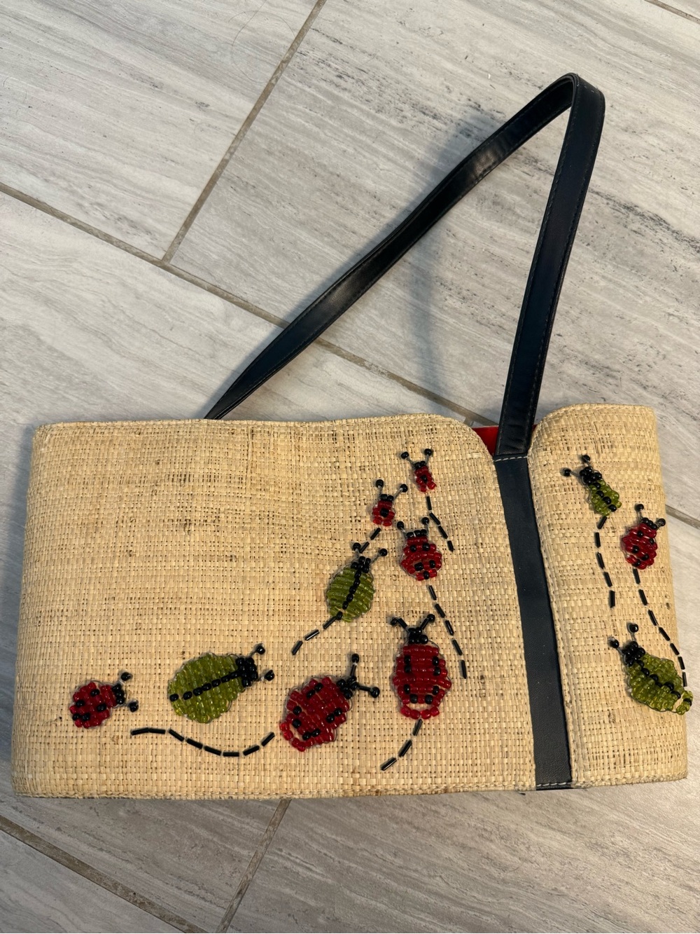 Straw Tote with Red and Green Beaded Ladybug Embroidery